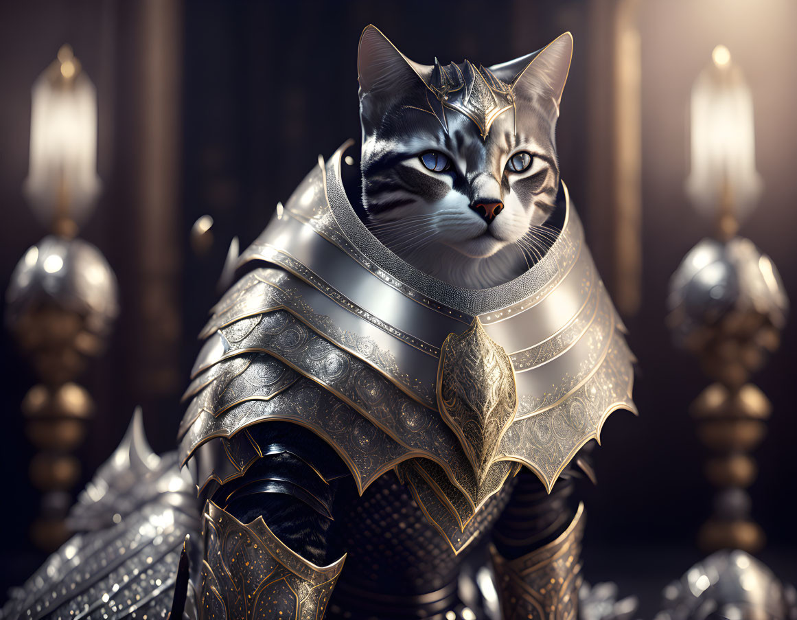 Digital artwork: Cat in medieval armor on ornate background