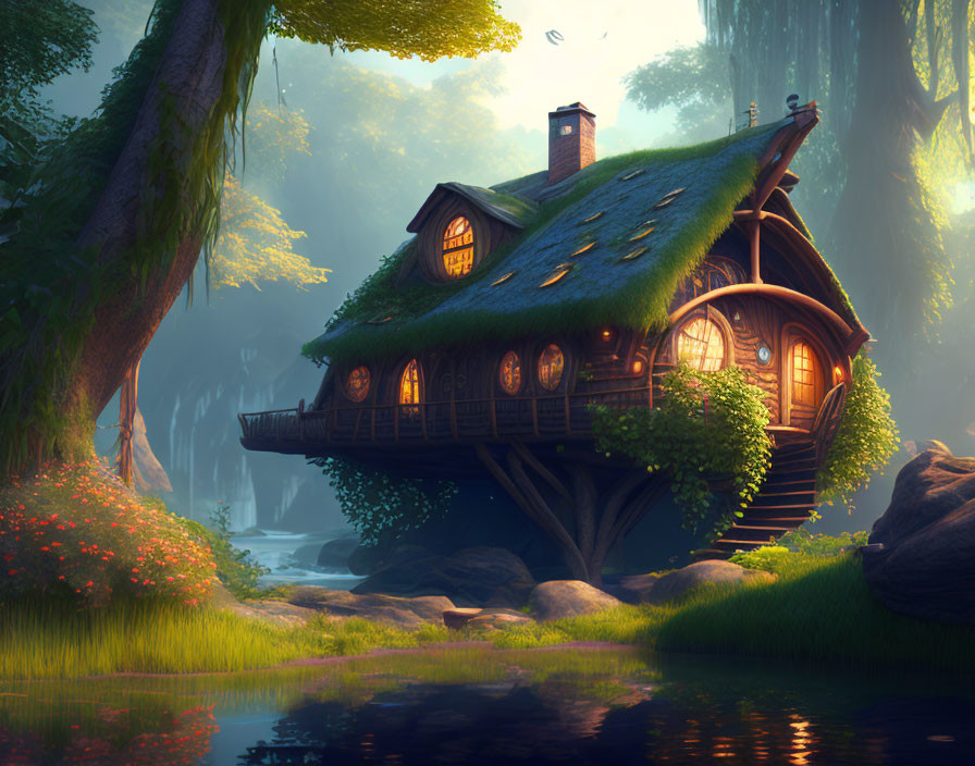 Woodland Cottage with Grass Roof and Glowing Windows at Dusk