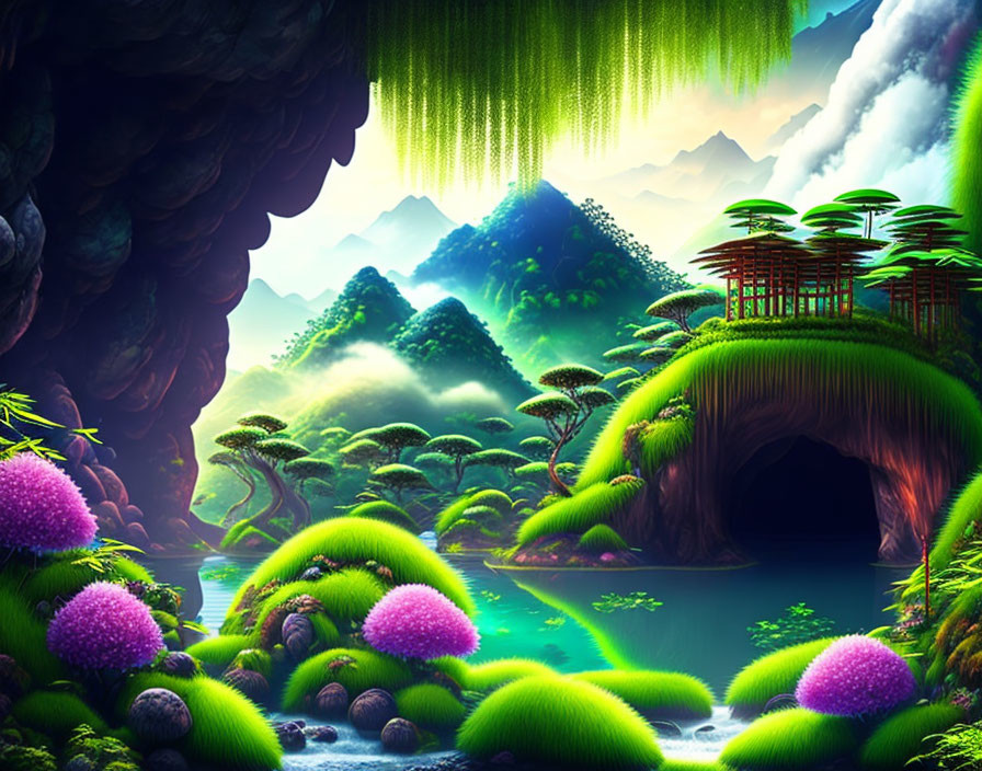 Fantastical landscape with lush greenery, lake, caves, and floating islands.