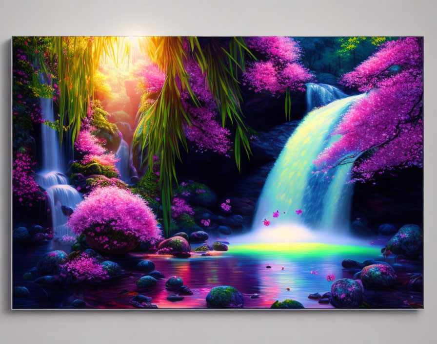 Colorful digital artwork: surreal waterfall, pink foliage, rainbow reflection, glowing sunlight.