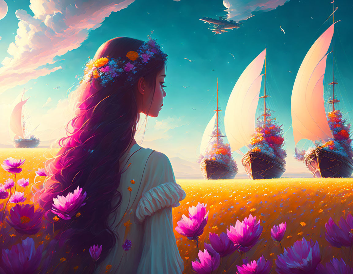 Woman in flower crown admires surreal seascape with ships in sky above vibrant floral field