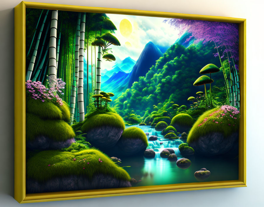 Colorful Framed Artwork: Fantastical Landscape with Bamboo, River, Hills, and Moon