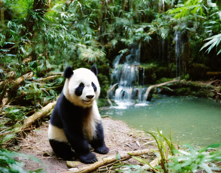 Tranquil panda bear near lush green forest and serene waterfall