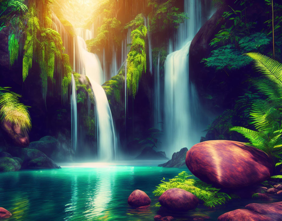 Tranquil waterfall in lush greenery with sunbeams and blue pond