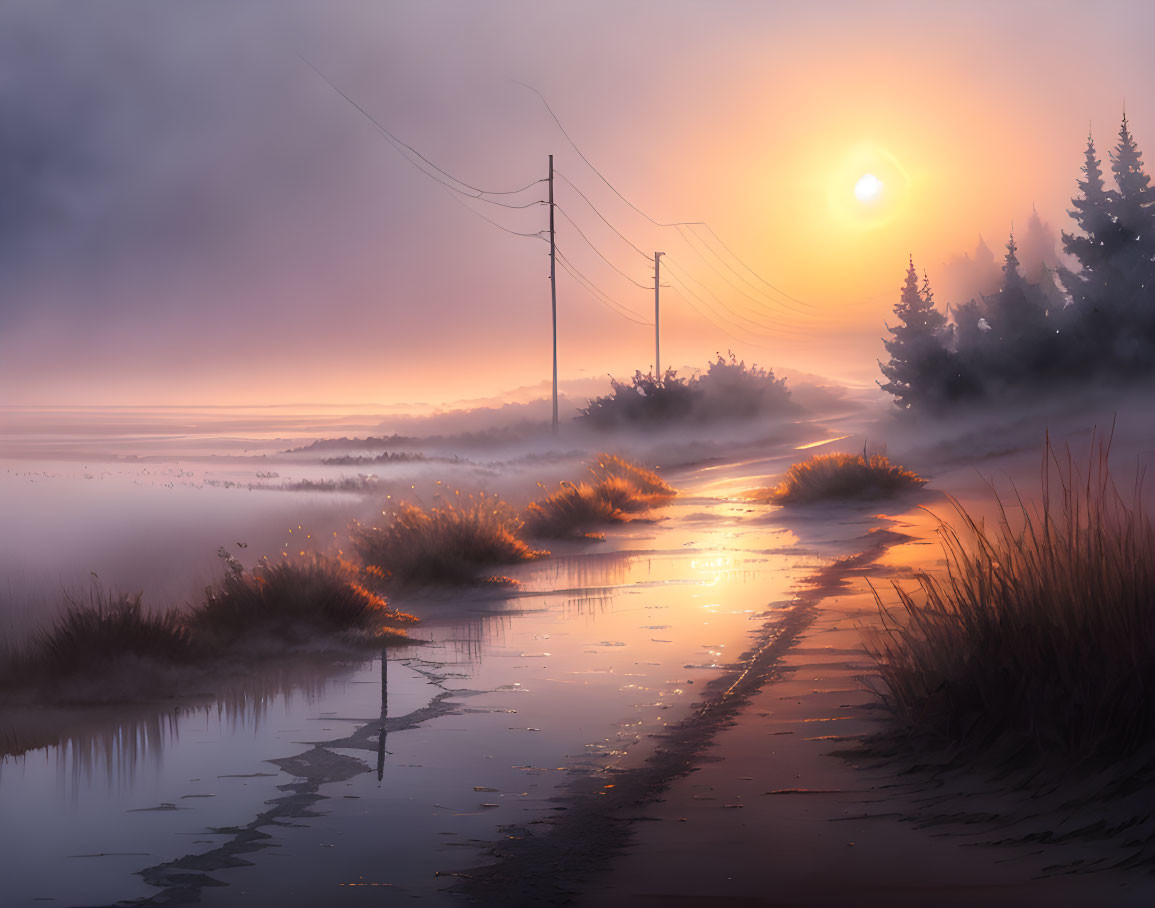 Misty sunrise landscape with golden hues on wet road