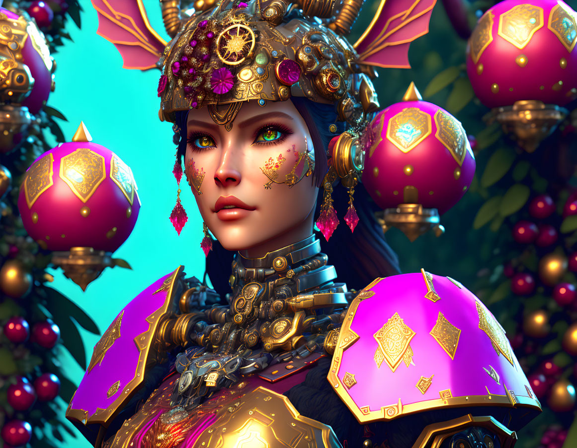 Character with golden headgear, armor, and facial markings in lush greenery with red lanterns