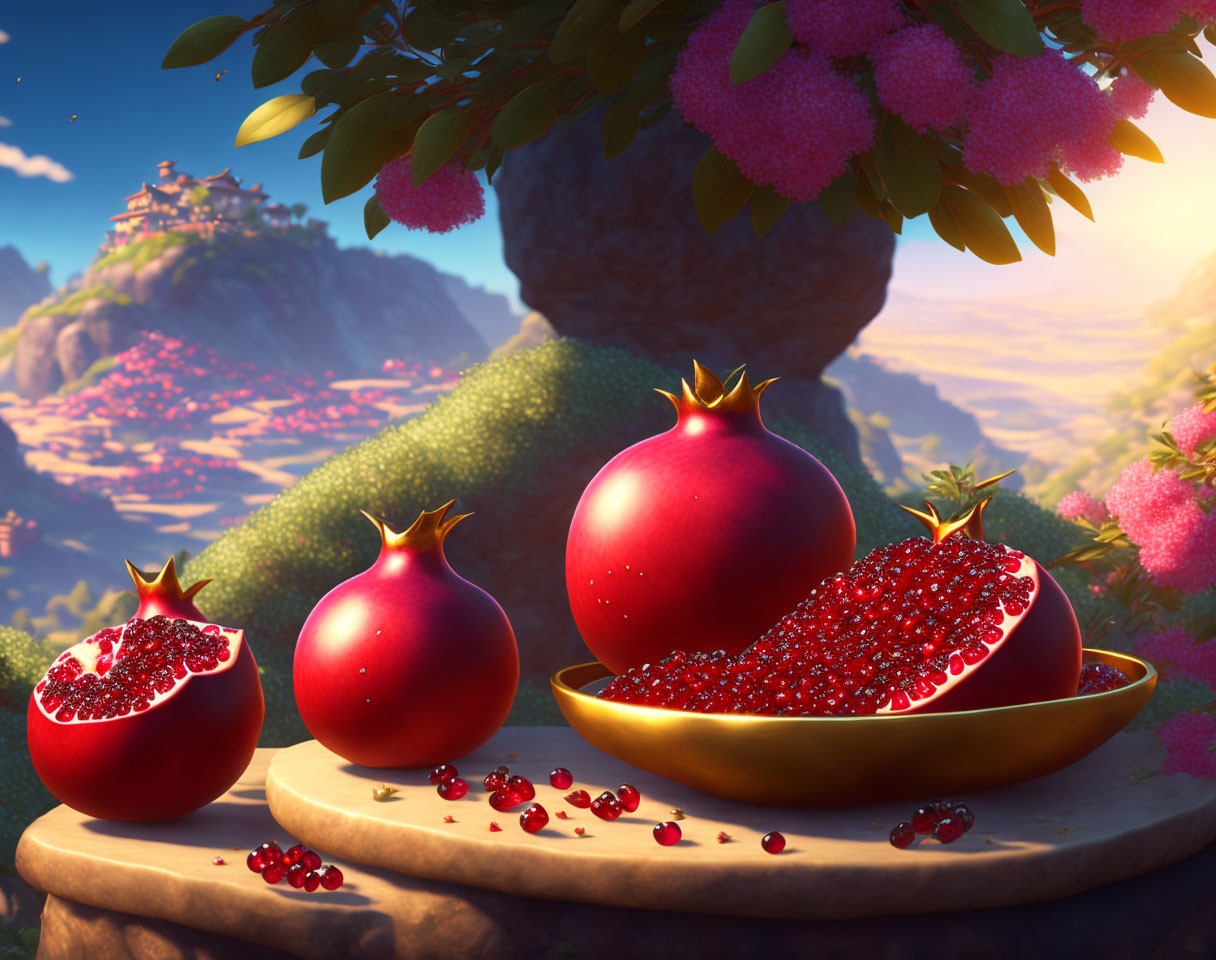 Colorful 3D-rendered pomegranates on plate with fantasy background