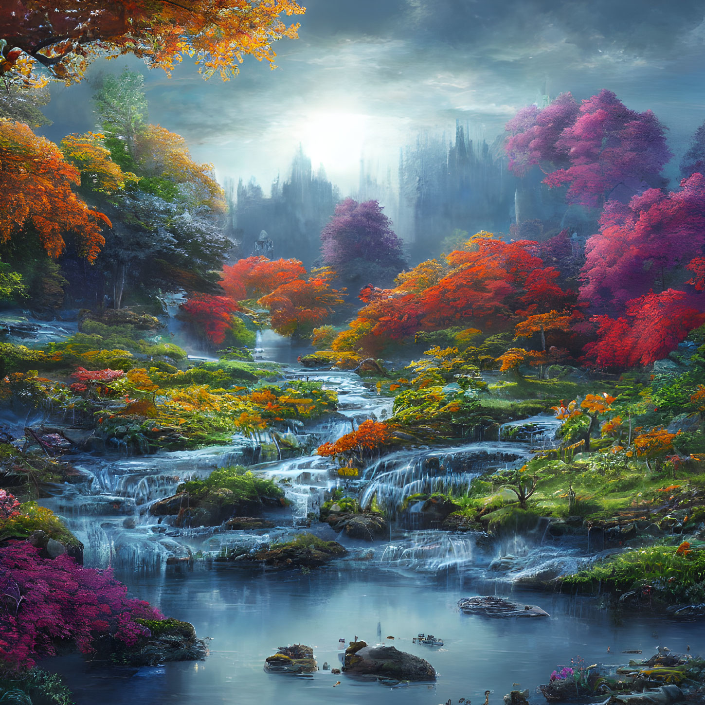 Vibrant autumn forest with cascading waterfall