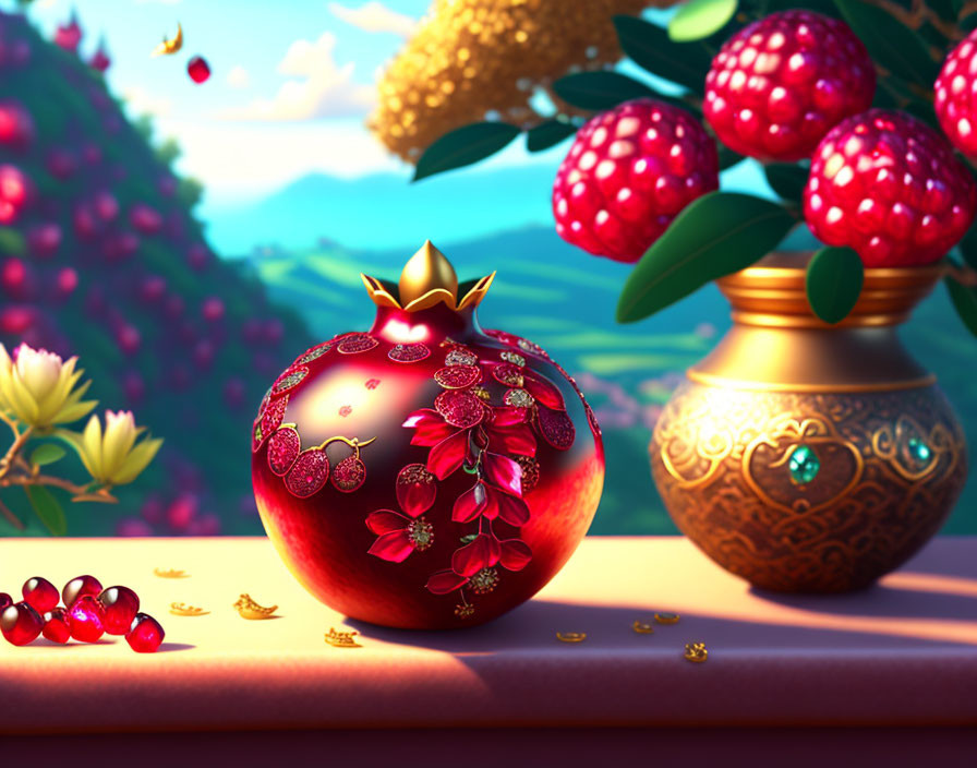 Colorful digital artwork: Bejeweled pomegranate with golden crown, vase, and