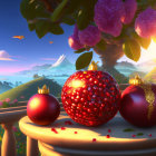 Colorful 3D-rendered pomegranates on plate with fantasy background