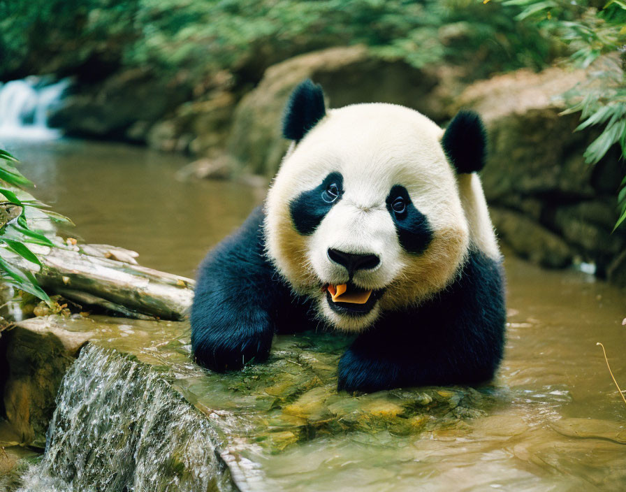 Giant panda relaxing in stream with waterfall and lush greenery