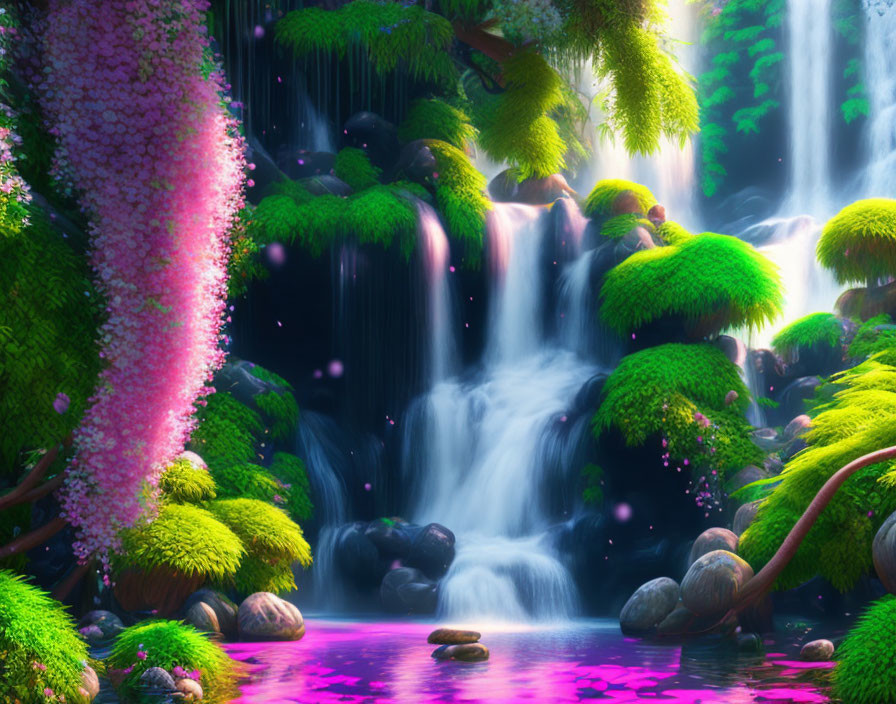 Vibrant fantasy waterfall with lush greenery and pink flora