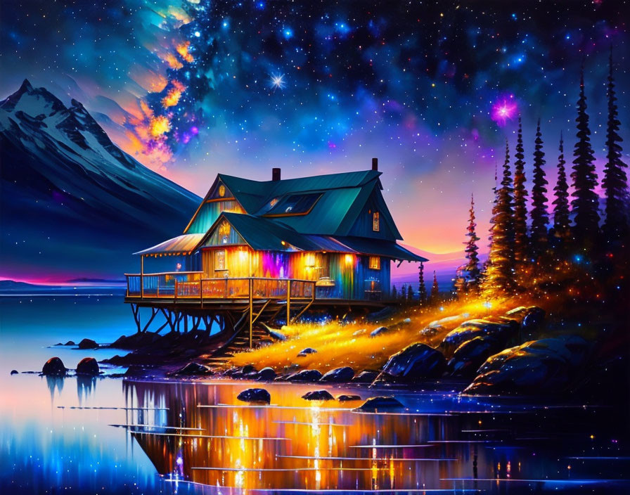 Scenic lakeside cabin at twilight with starry night sky & aurora.