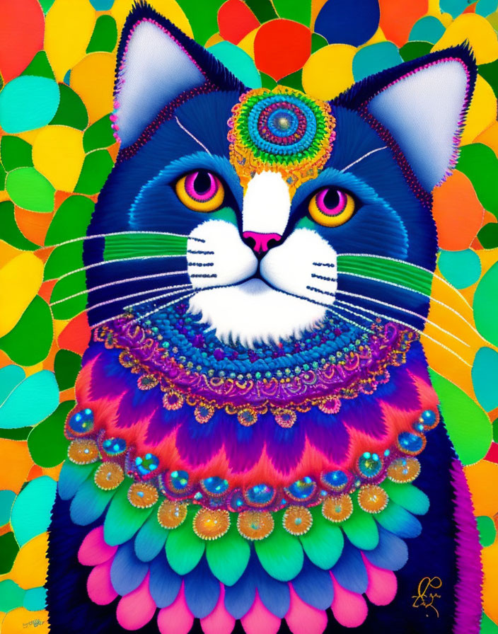 Vibrant psychedelic cat illustration with intricate patterns and vivid hues