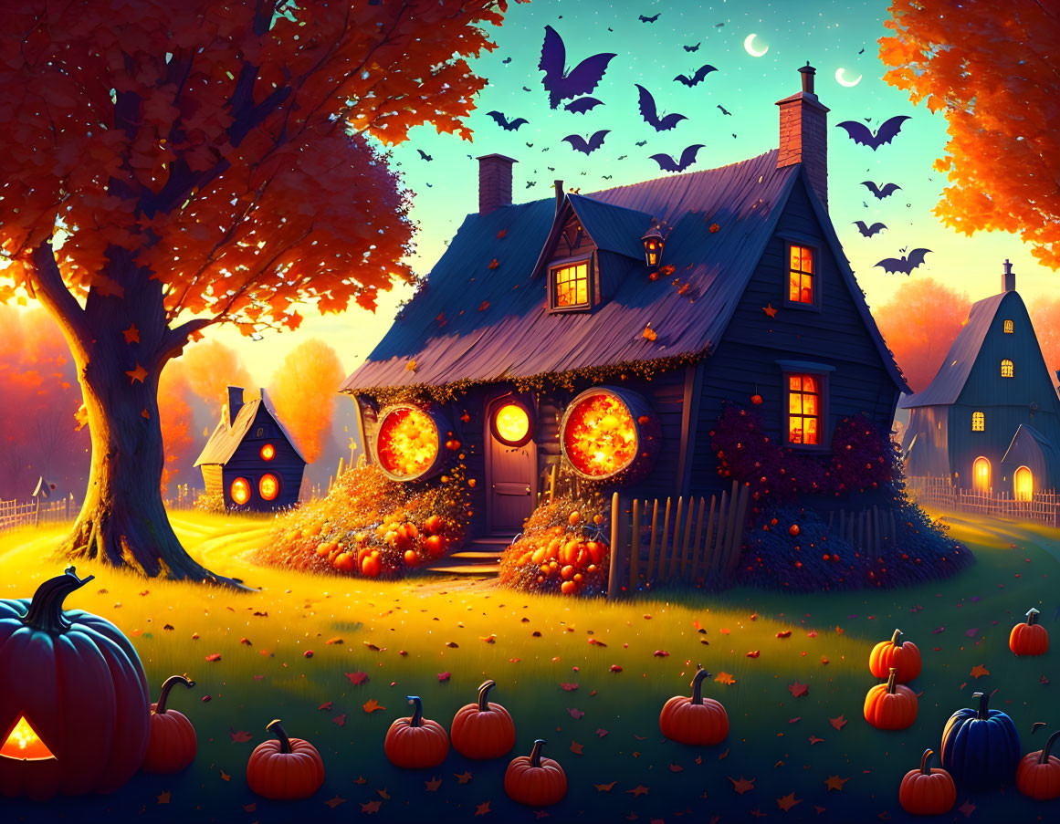 Cozy autumn house with pumpkin decorations and flying bats.