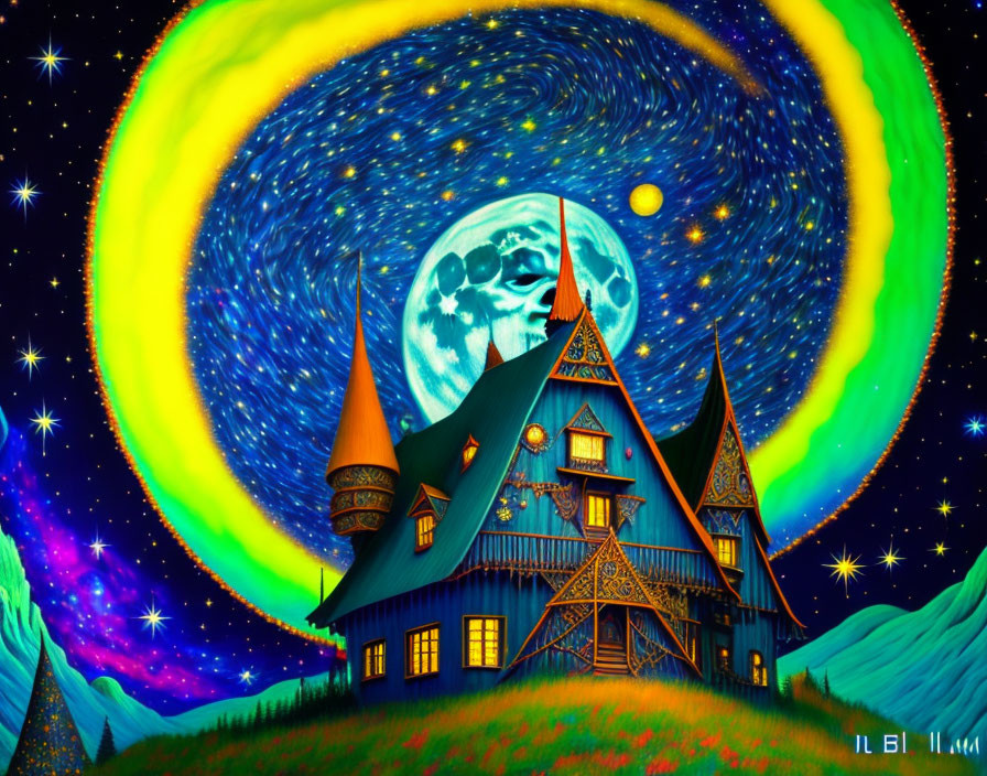 Whimsical house painting under swirling starry sky