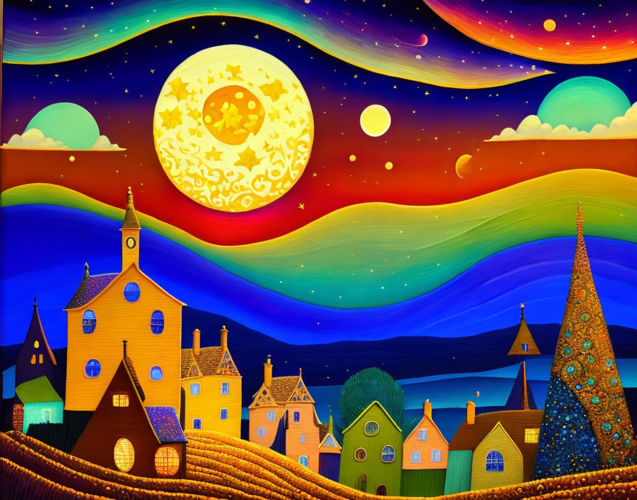 Colorful Whimsical Village Painting Under Starry Sky