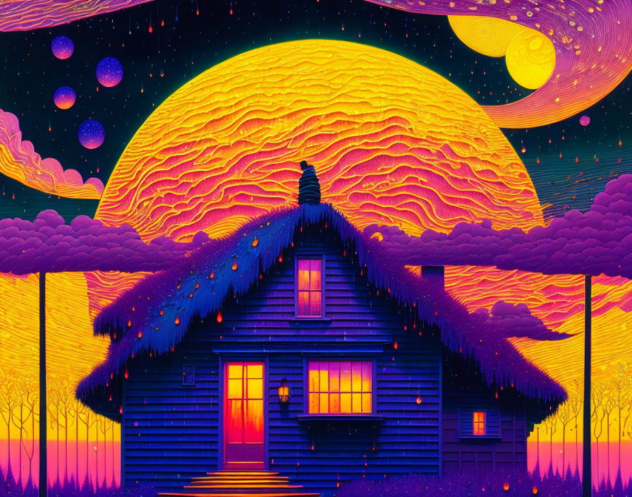 Colorful digital artwork: Solitary house under oversized moon