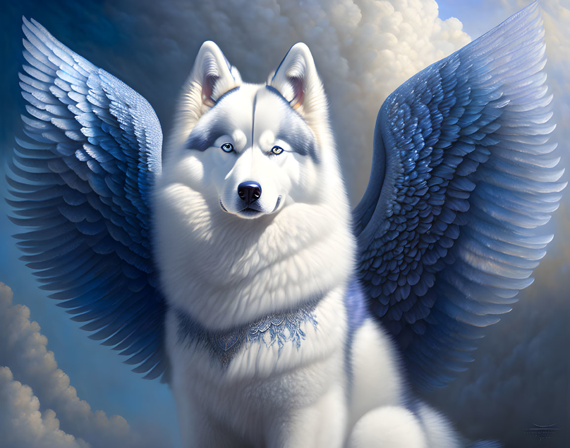 Majestic husky with angelic wings in serene sky