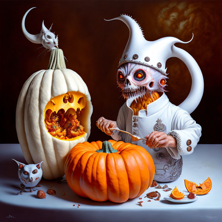 Person in white outfit carving pumpkin with ornate mask, mice inside second pumpkin, small owl-like creature