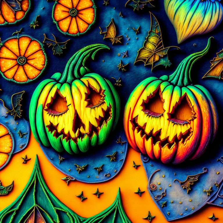 Vibrantly colored carved pumpkins with sinister expressions on blue background