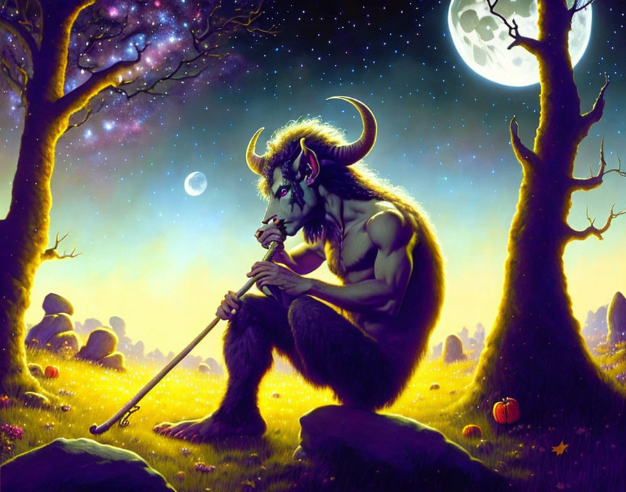 Mythical satyr playing flute under full moon