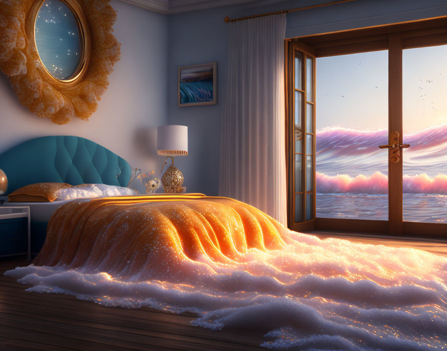 Sunset-themed cozy bedroom with glowing orange blanket, lamp on side table, and pink cloud-filled sky