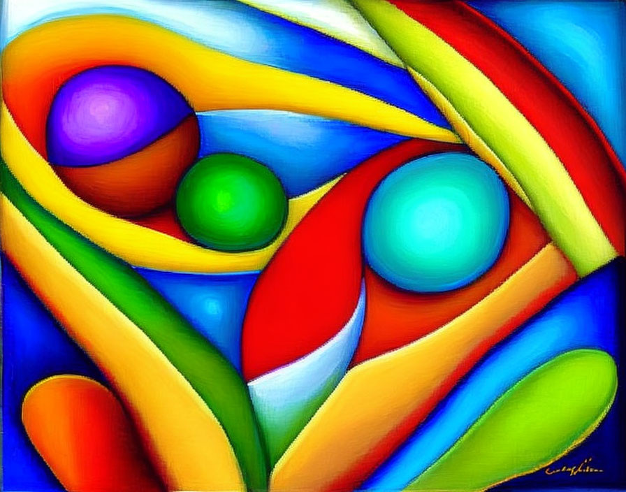 Vibrant Abstract Painting with Smooth Shapes and Overlapping Curves