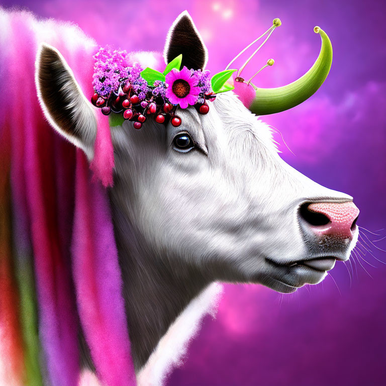 Colorful Flower Crown Goat on Vibrant Purple Background