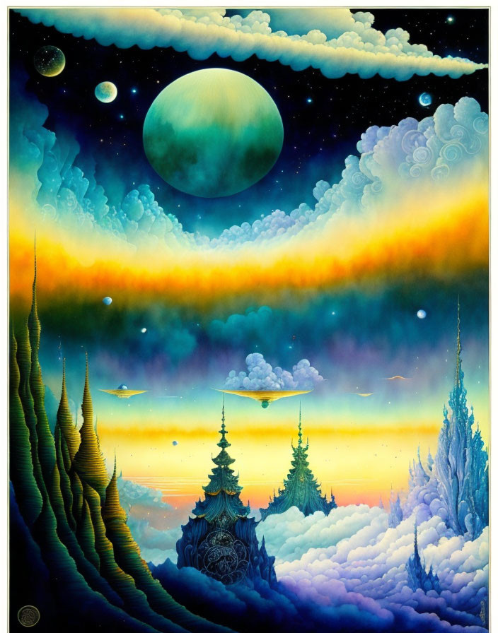 Colorful surreal landscape with large moon, planets, whimsical trees