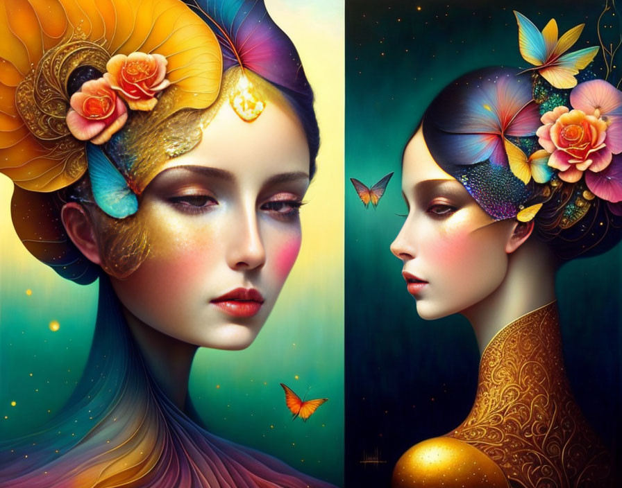 Colorful female portraits with floral and butterfly motifs