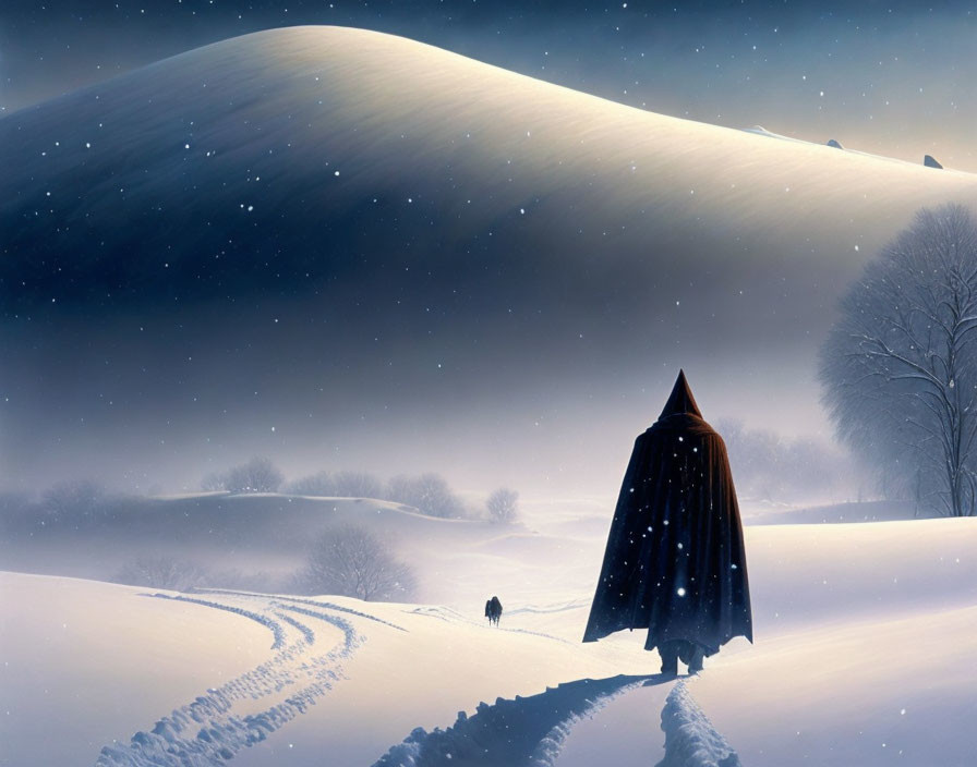 Mysterious figure with dog in snow-covered landscape at night