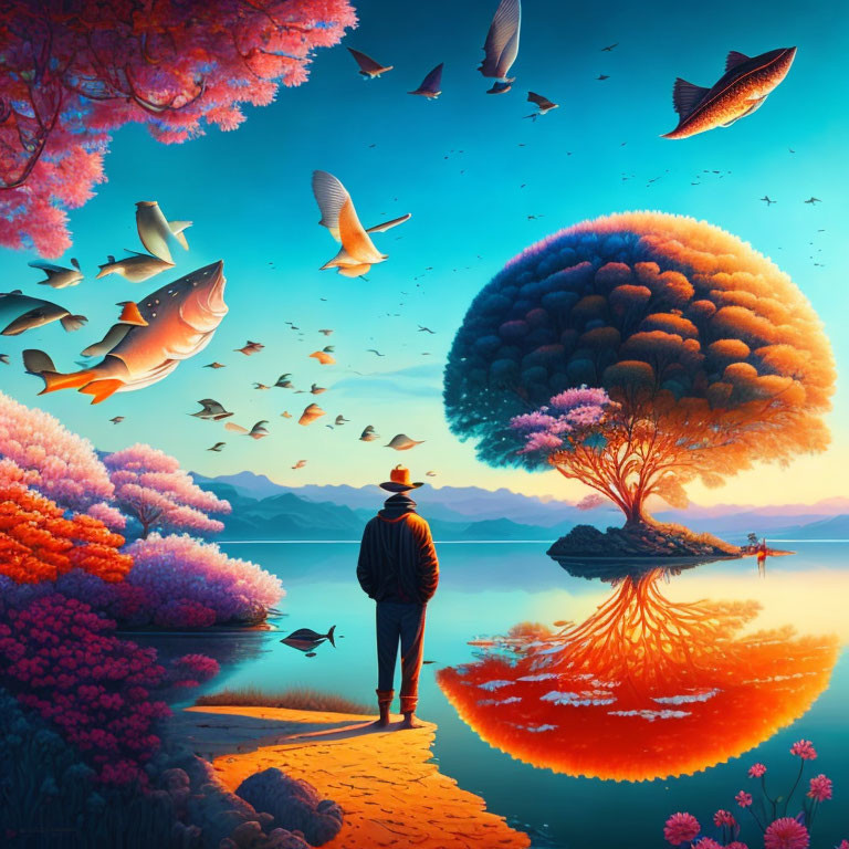 Person by vibrant lake with flying fish and colorful trees at twilight