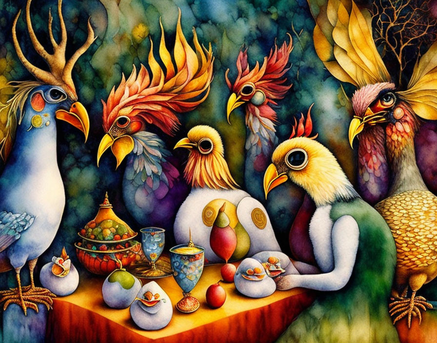 Vibrant painting of birds with elaborate plumage at a table