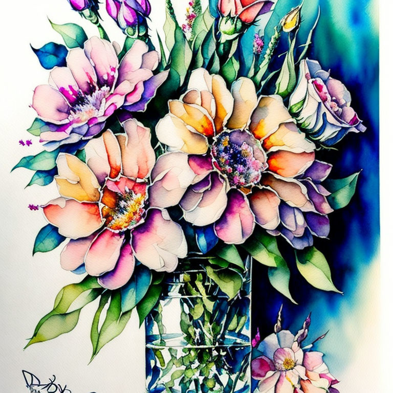 Colorful Flowers in Glass Vase Watercolor Painting with Rich Purples, Pinks, and