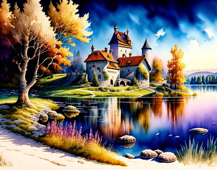 Vibrant autumn castle scene with lake reflections