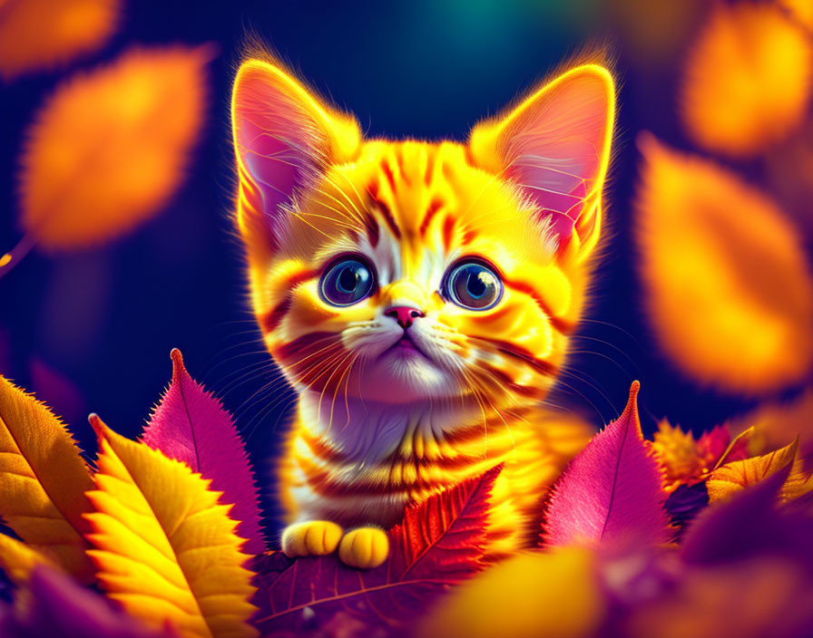 Illustrated orange tabby kitten with blue eyes in red and yellow leaves