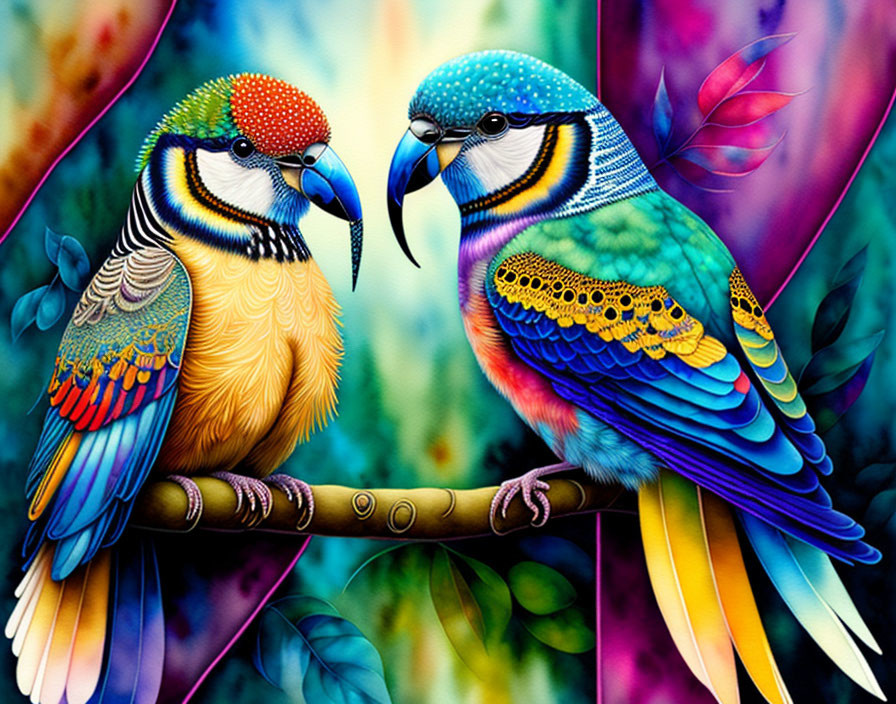 Colorful Parrots Perched on Branch with Abstract Background