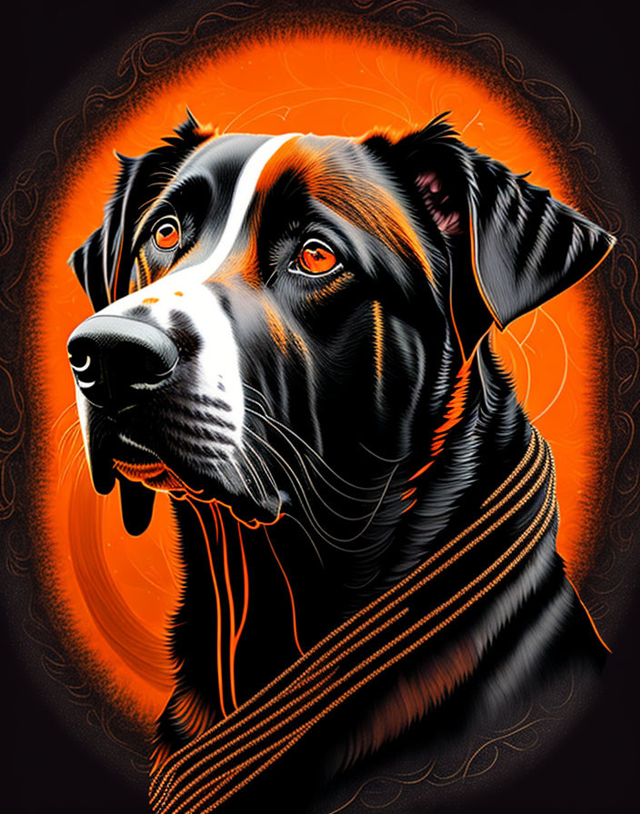 Detailed illustration of black dog with orange highlights on dark background