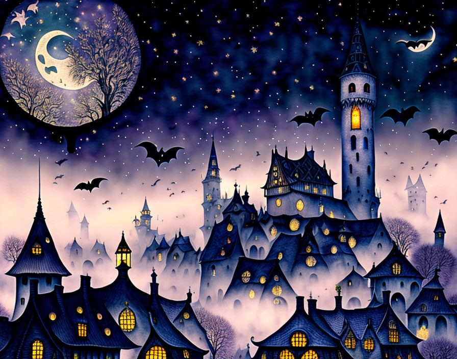 Starry Night Sky with Crescent Moon and Flying Bats in Enchanting Gothic Village