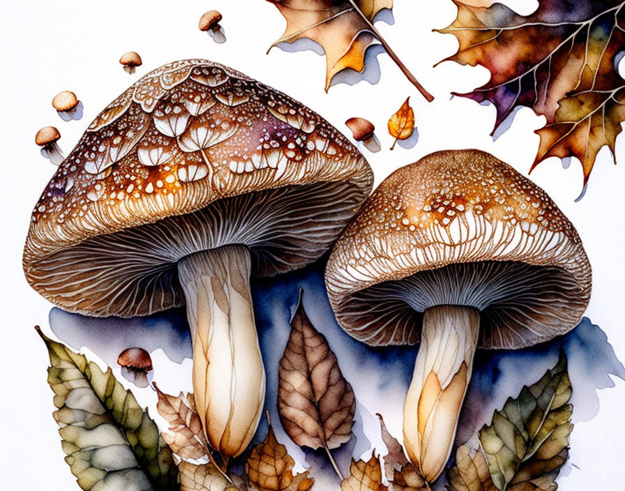 Detailed Watercolor Illustration: Mushrooms, Dewdrops, Autumn Leaves, Acorns