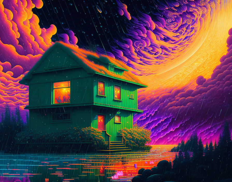 Colorful digital artwork: Green two-story house by lake under starry sky