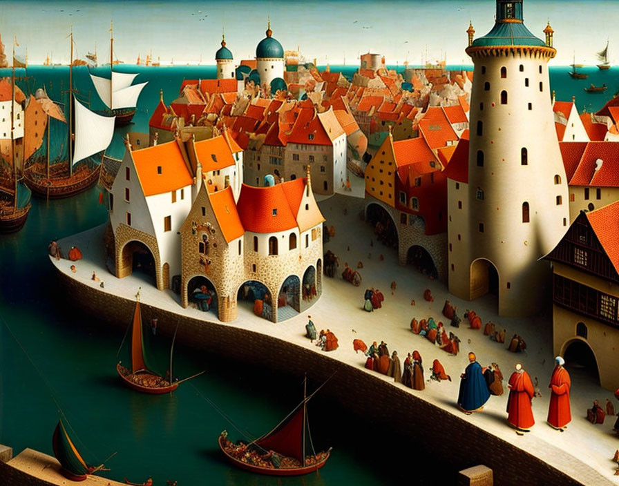 Medieval port scene with ships, quayside, townsfolk, and stone tower