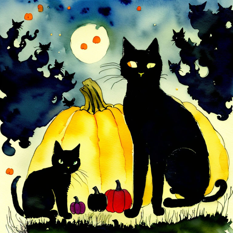 Whimsical watercolor illustration of black cats, pumpkin, moonlit sky, and bats