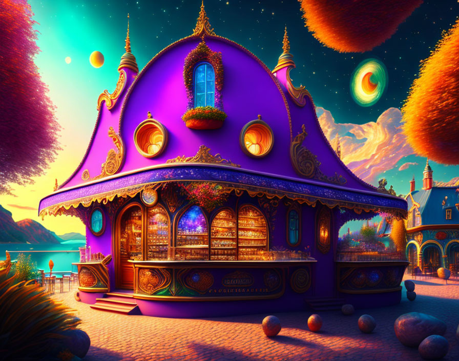 Purple ornate building, planets, lake, and spherical objects in vibrant fantasy scene