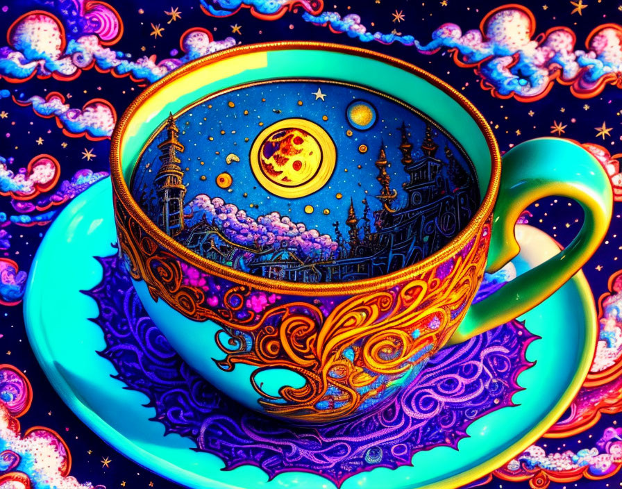 Colorful Coffee Cup & Saucer with Psychedelic Cityscape & Crescent Moon