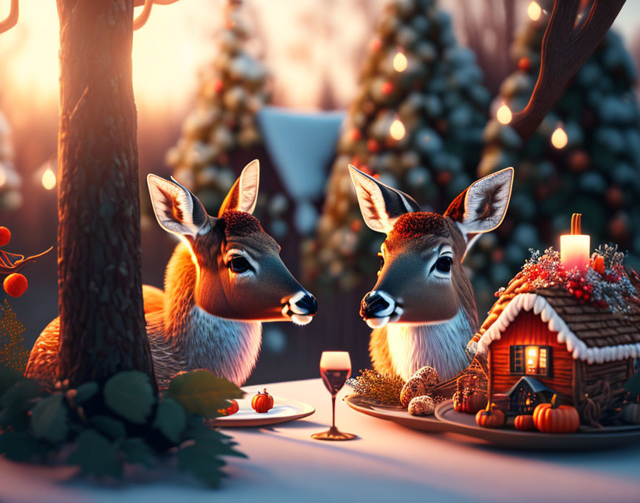 Deer at festive table with gingerbread house and Christmas trees