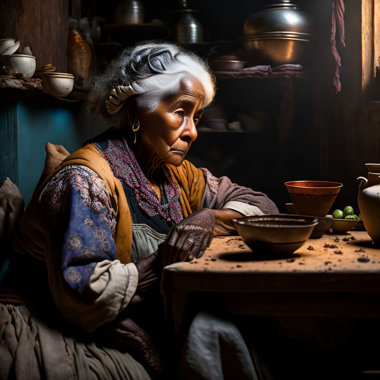 Elderly woman with gray hair in rustic kitchen setting.