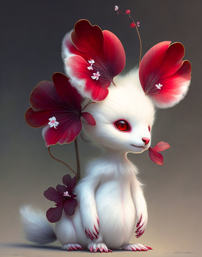 Whimsical creature with red flower petal ears and fluffy white body