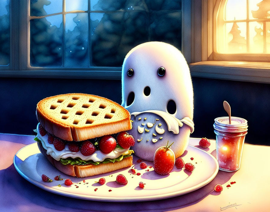 Adorable ghost creature admires waffle sandwich with berries and cream at twilight